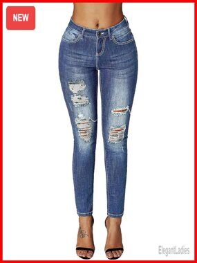 Mid Rise Ripped Destroyed Skinny Jeans 97% Cotton